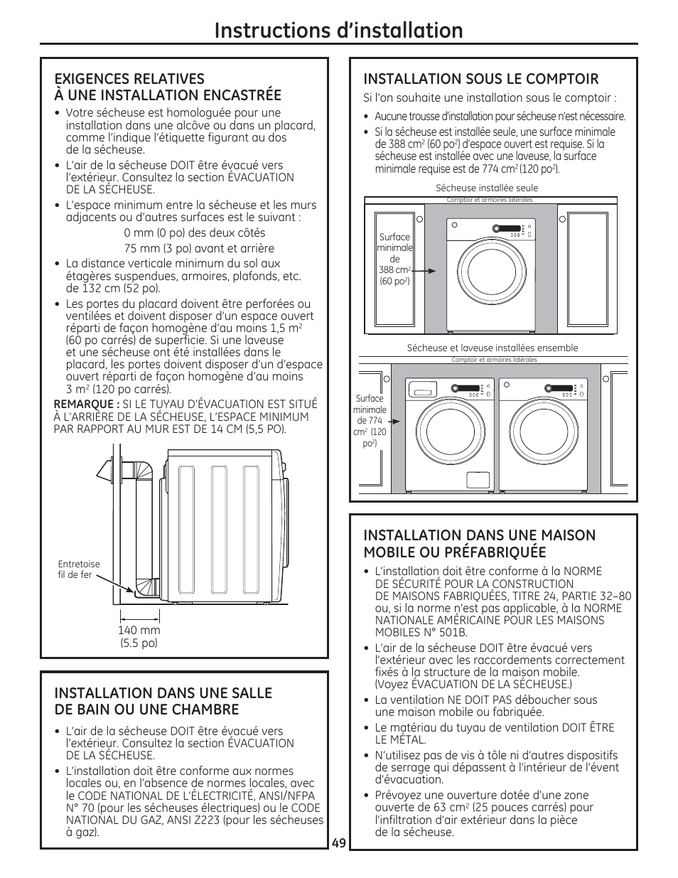 Instructions d’installation, Exigences relatives à une installation encastrée, Installation dans une salle de bain ou une chambre | Installation sous le comptoir | GE DCVH480EKWW User Manual | Page 49 / 108