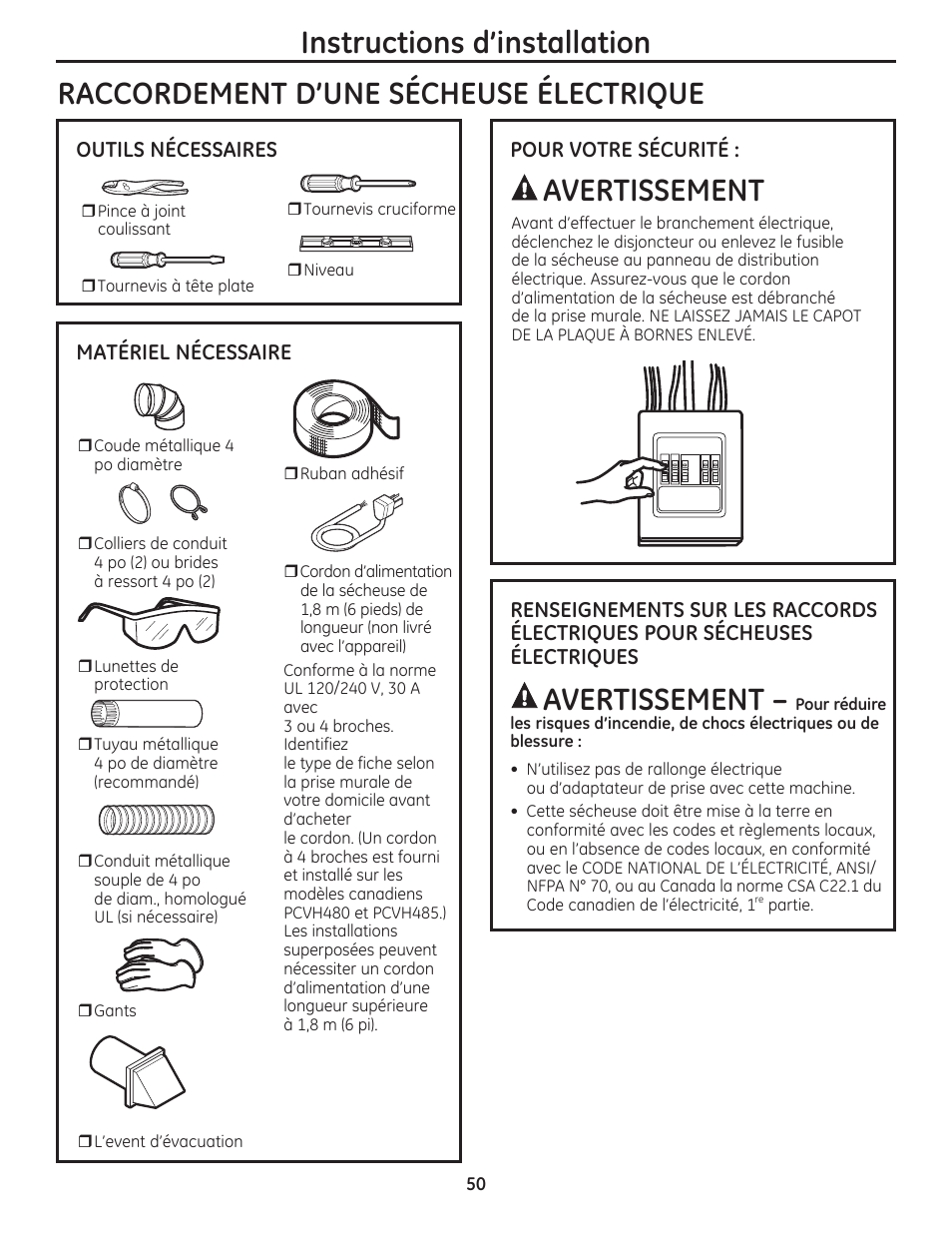 Instructions d’installation, Raccordement d’une sécheuse électrique, Avertissement | Pour votre sécurité, Outils nécessaires matériel nécessaire | GE DCVH480EKWW User Manual | Page 50 / 108
