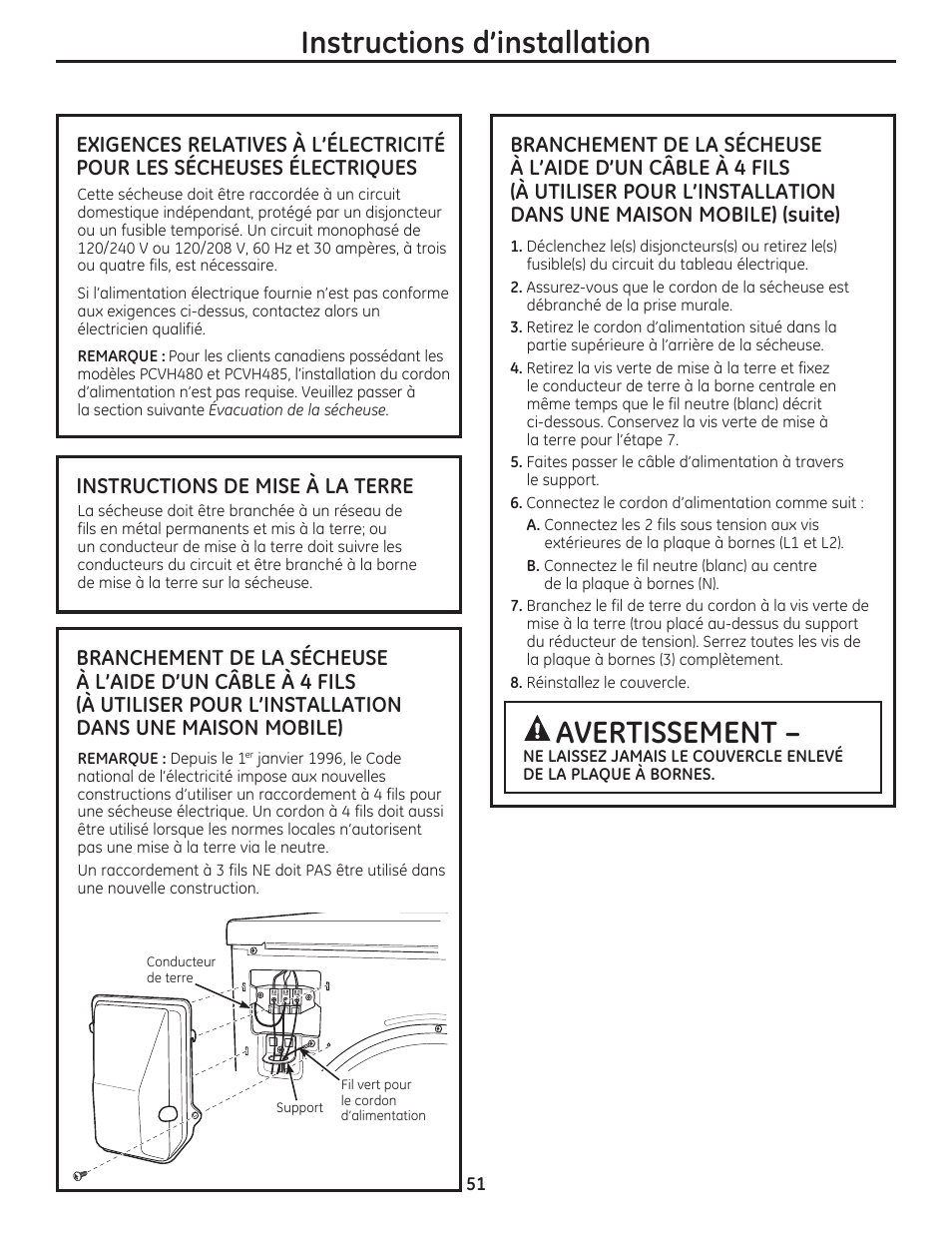 Instructions d’installation, Avertissement, Instructions de mise à la terre | GE DCVH480EKWW User Manual | Page 51 / 108