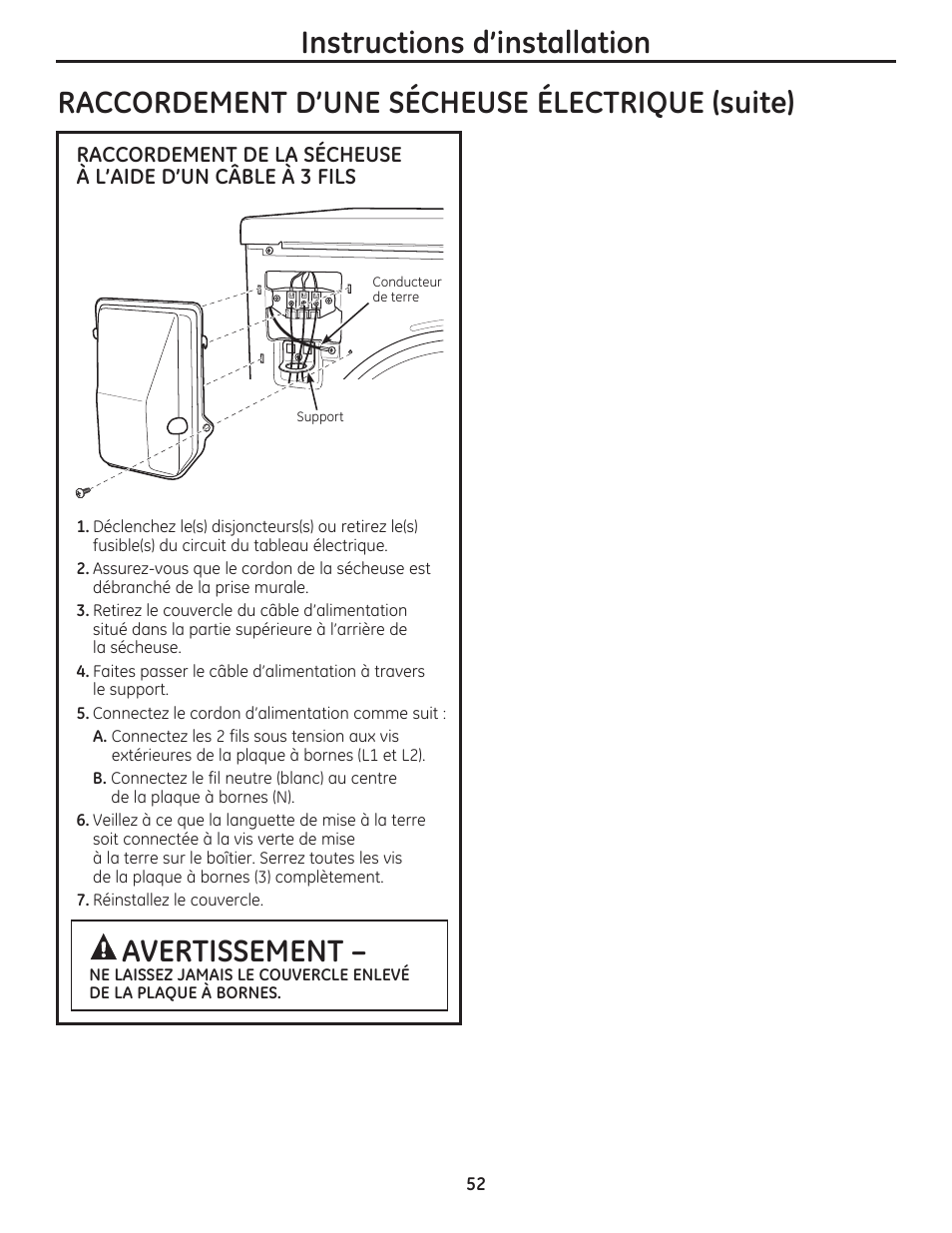 Instructions d’installation, Raccordement d’une sécheuse électrique (suite), Avertissement | GE DCVH480EKWW User Manual | Page 52 / 108