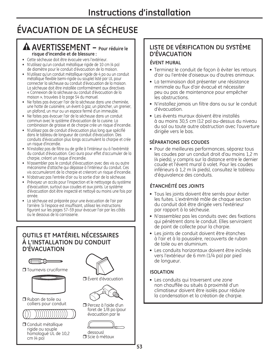 Instructions d’installation, Évacuation de la sécheuse, Avertissement | Liste de vérification du système d’évacuation | GE DCVH480EKWW User Manual | Page 53 / 108