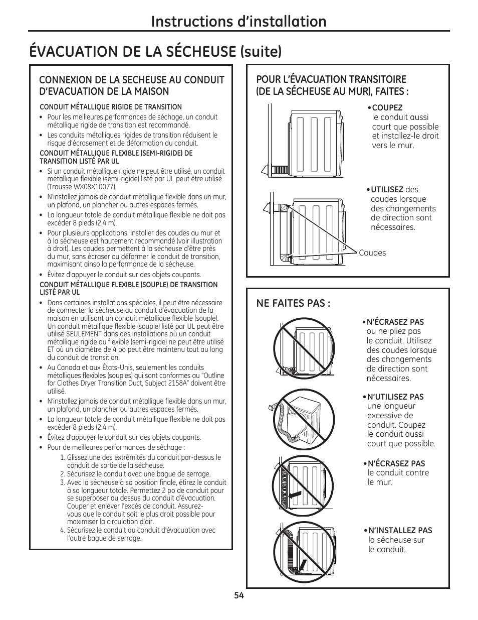 Instructions d’installation, Évacuation de la sécheuse (suite), Ne faites pas | GE DCVH480EKWW User Manual | Page 54 / 108