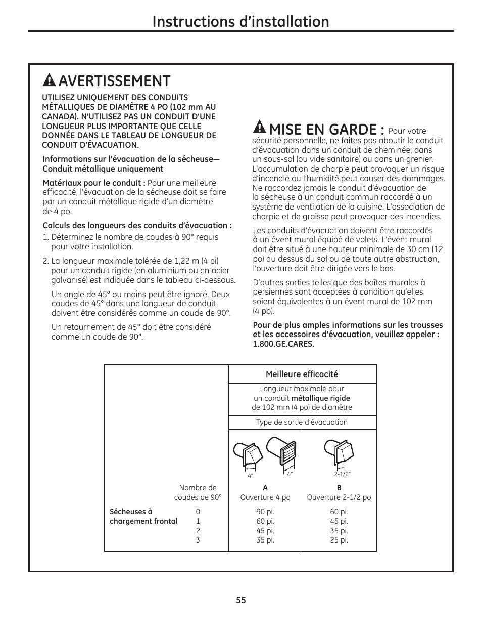 Instructions d’installation, Avertissement, Mise en garde | GE DCVH480EKWW User Manual | Page 55 / 108