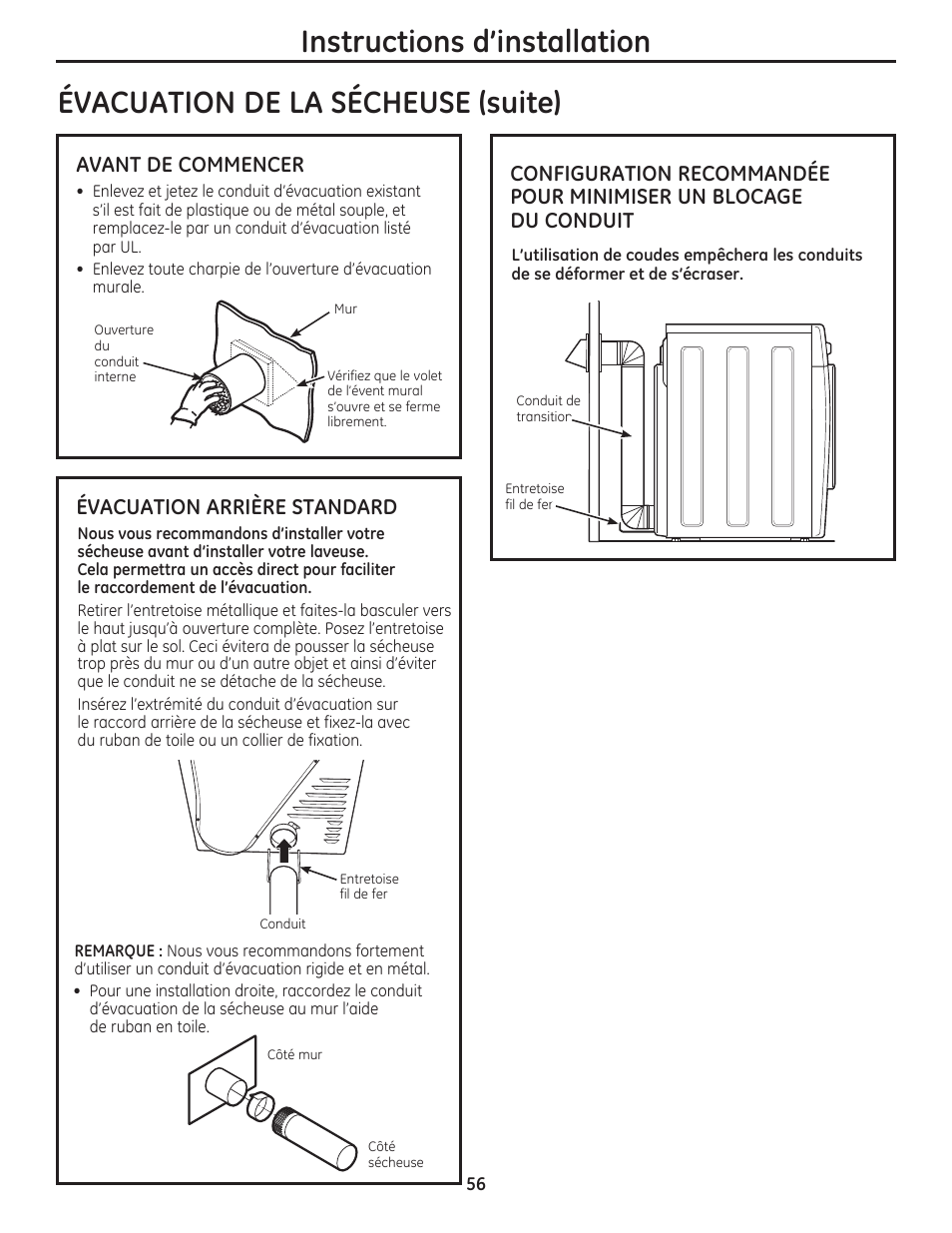 Avant de commencer, Évacuation arrière standard | GE DCVH480EKWW User Manual | Page 56 / 108