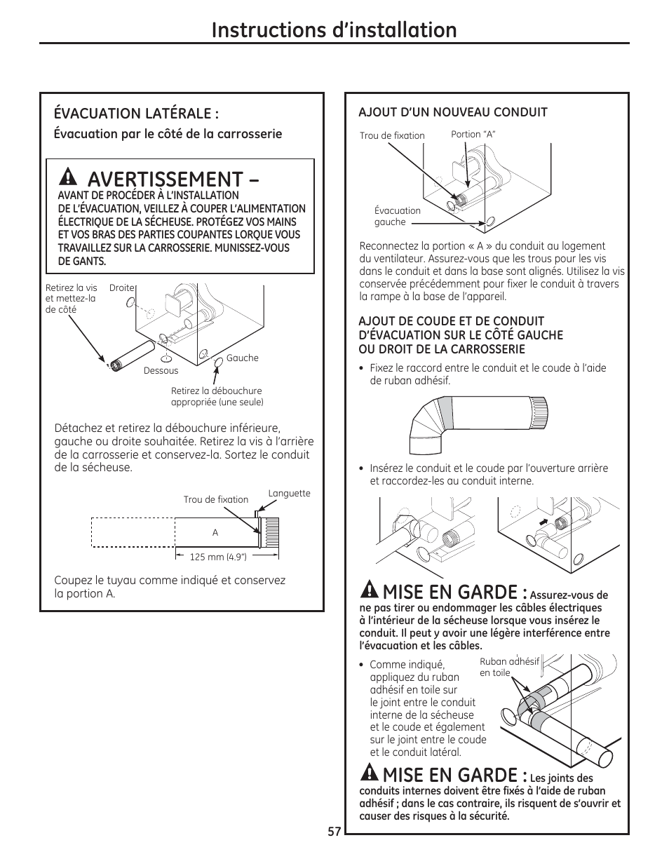 Avertissement, Instructions d’installation, Mise en garde | Évacuation latérale | GE DCVH480EKWW User Manual | Page 57 / 108