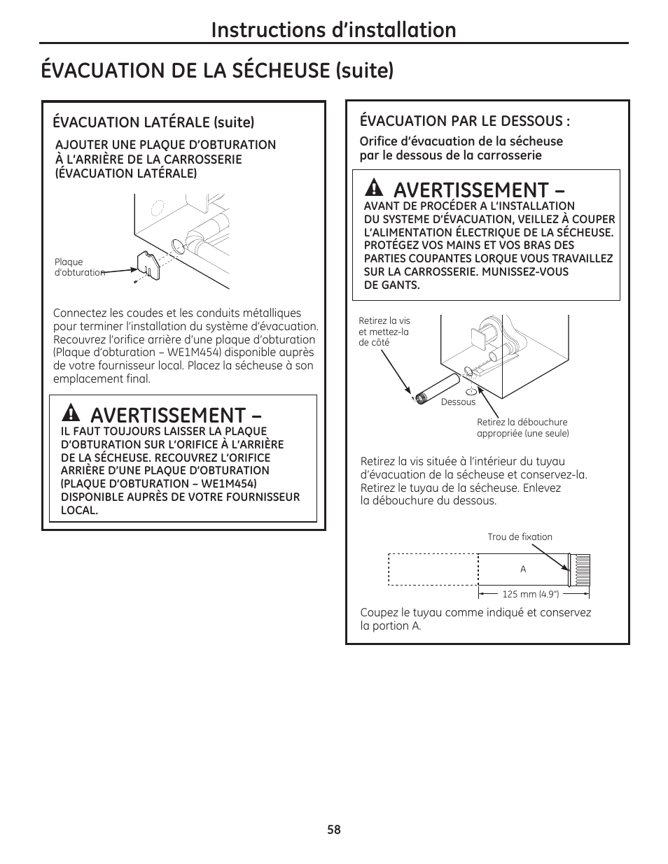 Évacuation de la sécheuse (suite), Avertissement, Instructions d’installation | GE DCVH480EKWW User Manual | Page 58 / 108