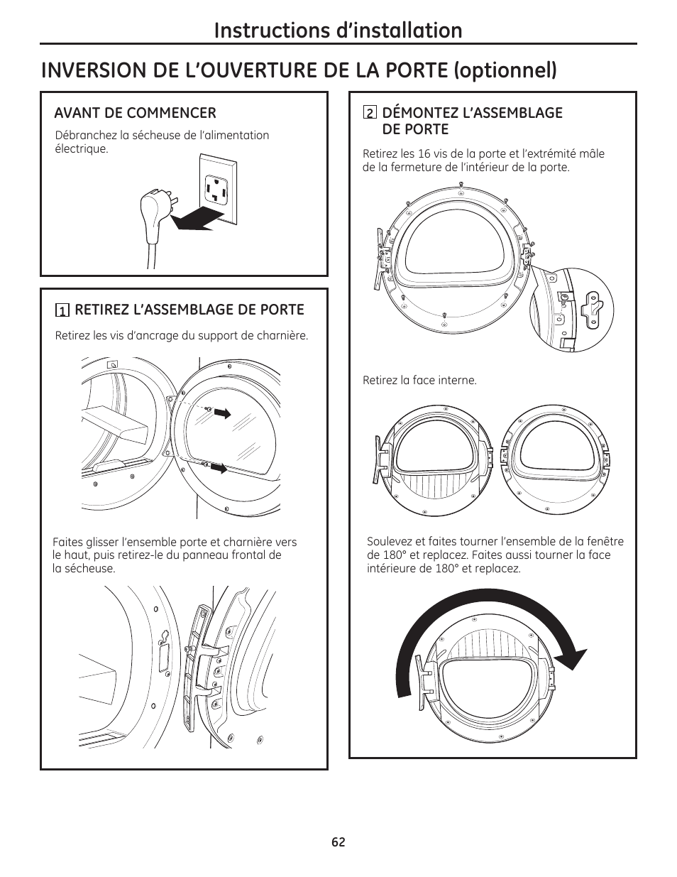 Instructions d’installation, Inversion de l’ouverture de la porte (optionnel) | GE DCVH480EKWW User Manual | Page 62 / 108