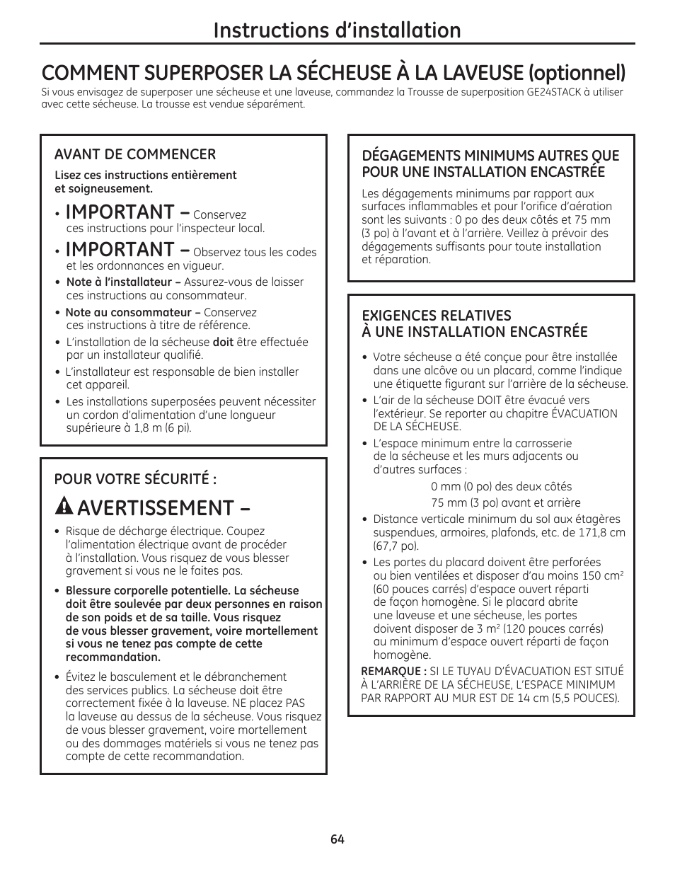 Avertissement, Instructions d’installation, Important | GE DCVH480EKWW User Manual | Page 64 / 108