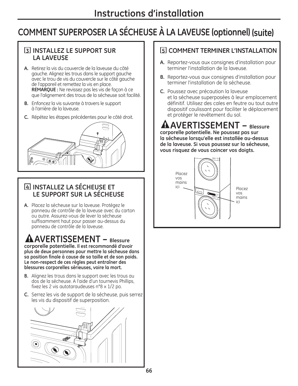 Avertissement, Instructions d’installation | GE DCVH480EKWW User Manual | Page 66 / 108