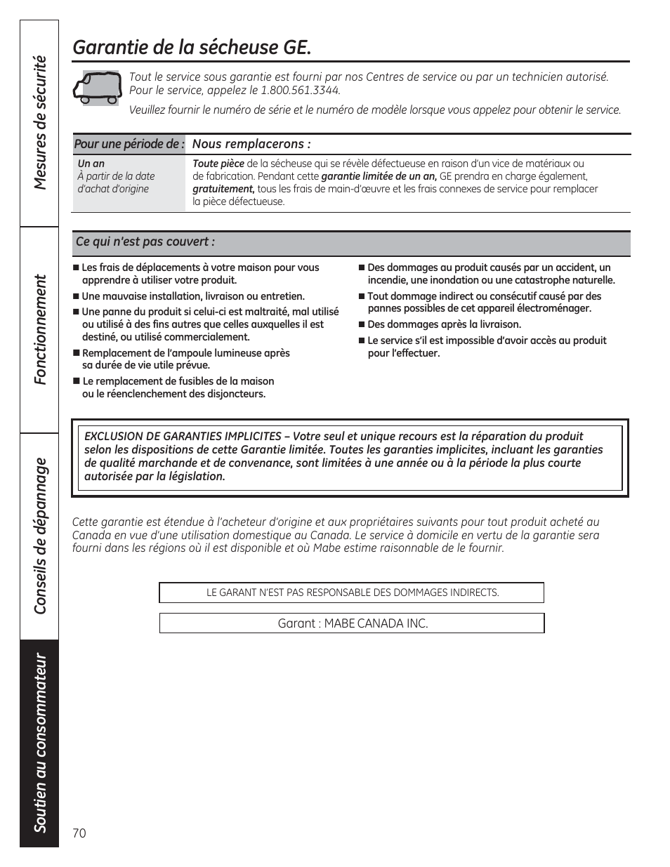 Garantie de la sécheuse ge | GE DCVH480EKWW User Manual | Page 70 / 108