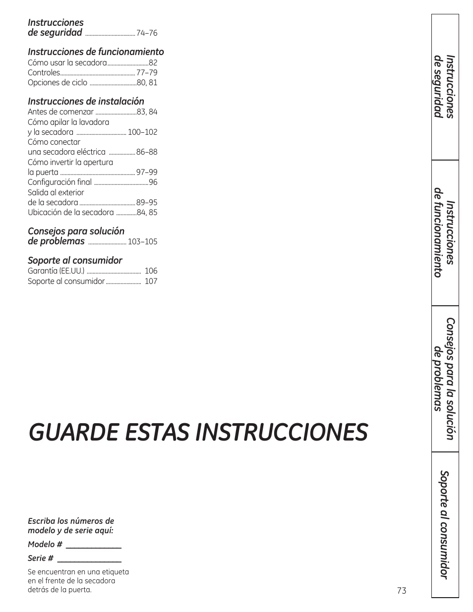 Guarde estas instrucciones | GE DCVH480EKWW User Manual | Page 73 / 108