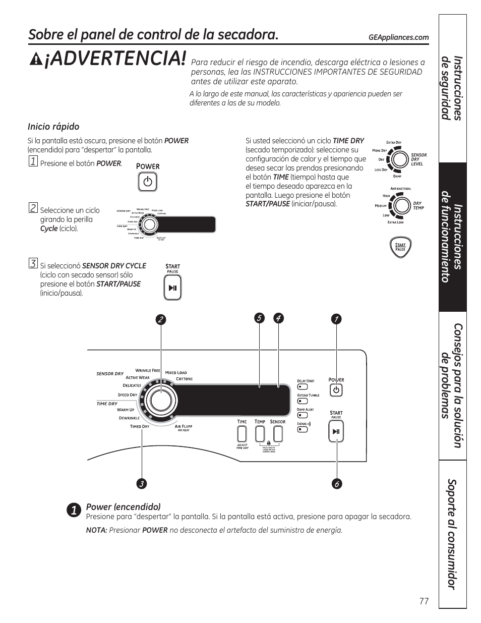 Advertencia, Sobre el panel de control de la secadora | GE DCVH480EKWW User Manual | Page 77 / 108