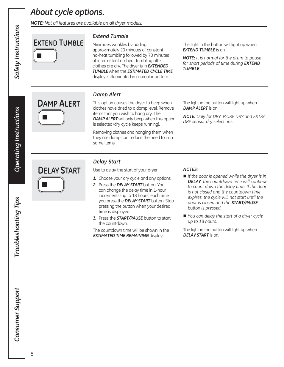 About cycle options | GE DCVH480EKWW User Manual | Page 8 / 108