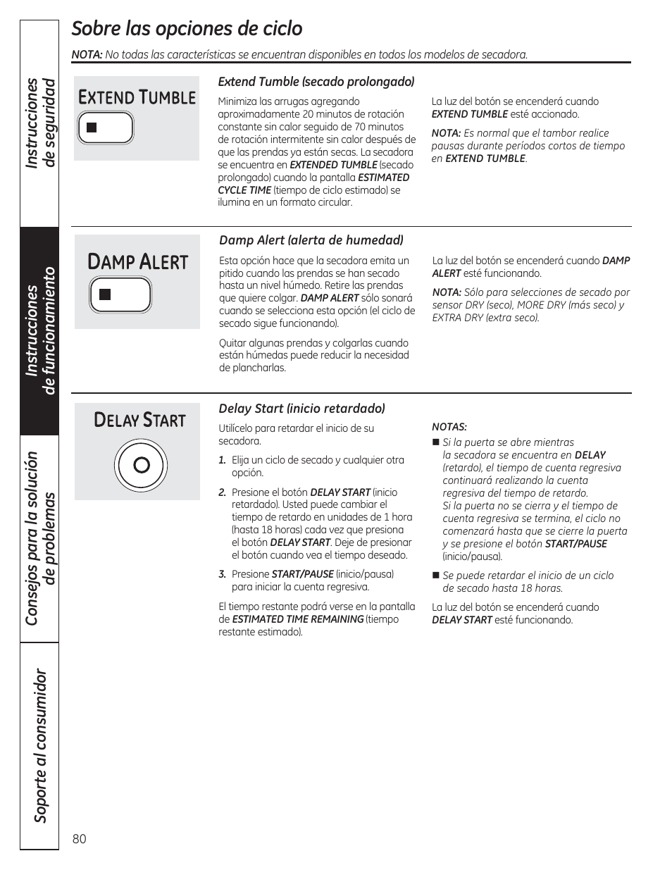 Sobre las opciones de ciclo | GE DCVH480EKWW User Manual | Page 80 / 108