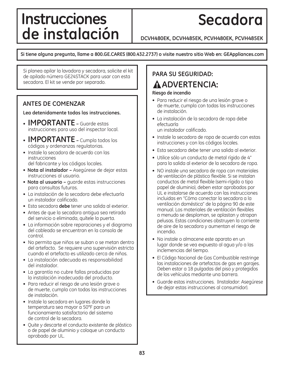 Instrucciones secadora, De instalación, Advertencia | Importante | GE DCVH480EKWW User Manual | Page 83 / 108