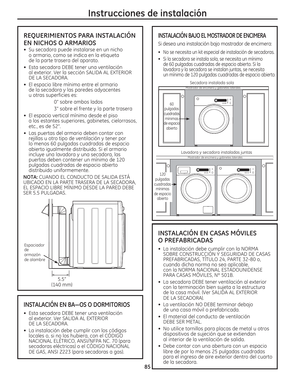 Instrucciones de instalación, Instalación en casas móviles o prefabricadas, Instalación bajo el mostrador de encimera | GE DCVH480EKWW User Manual | Page 85 / 108