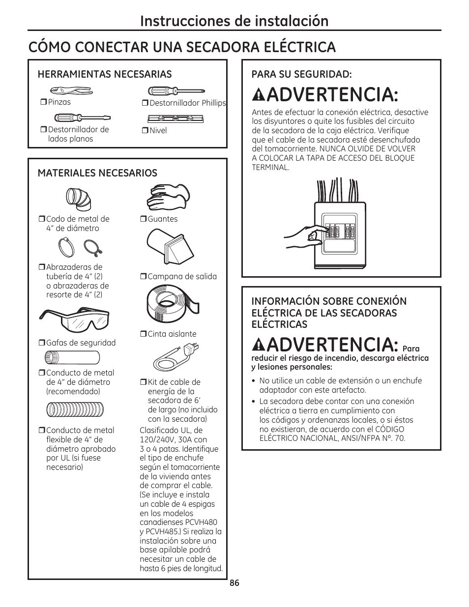 Advertencia | GE DCVH480EKWW User Manual | Page 86 / 108