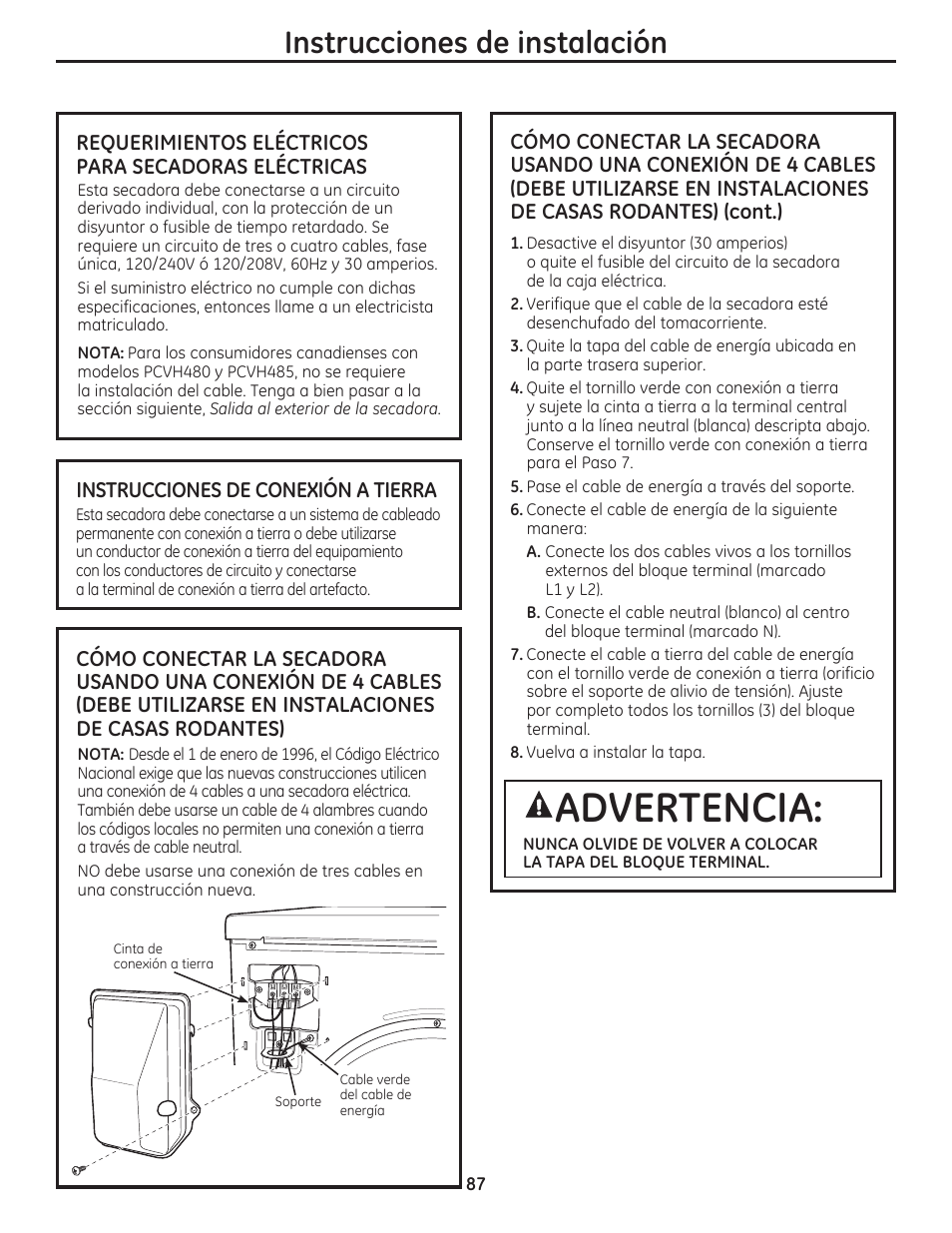 Advertencia, Instrucciones de instalación | GE DCVH480EKWW User Manual | Page 87 / 108