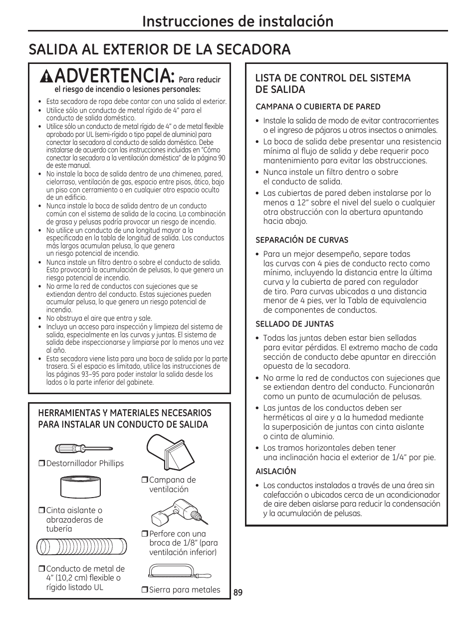 Advertencia, Instrucciones de instalación, Salida al exterior de la secadora | Lista de control del sistema de salida | GE DCVH480EKWW User Manual | Page 89 / 108