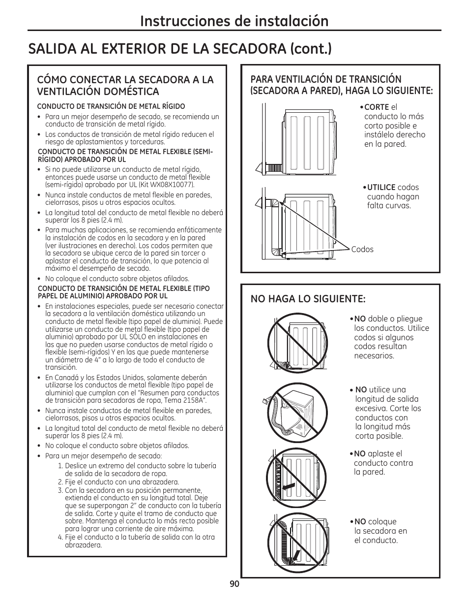 Instrucciones de instalación, Salida al exterior de la secadora (cont.), No haga lo siguiente | GE DCVH480EKWW User Manual | Page 90 / 108