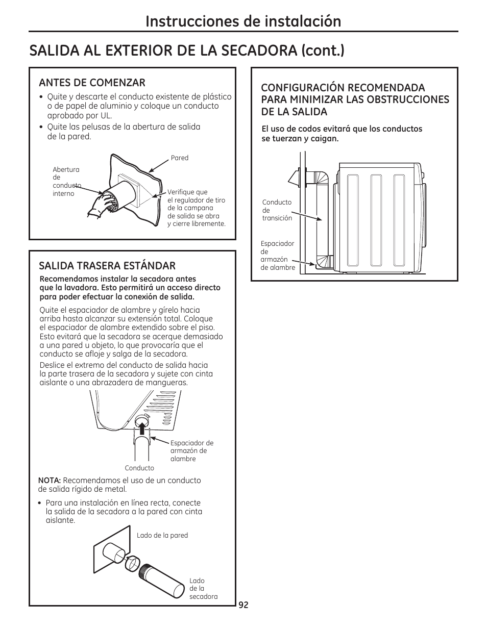 Antes de comenzar, Salida trasera estándar | GE DCVH480EKWW User Manual | Page 92 / 108