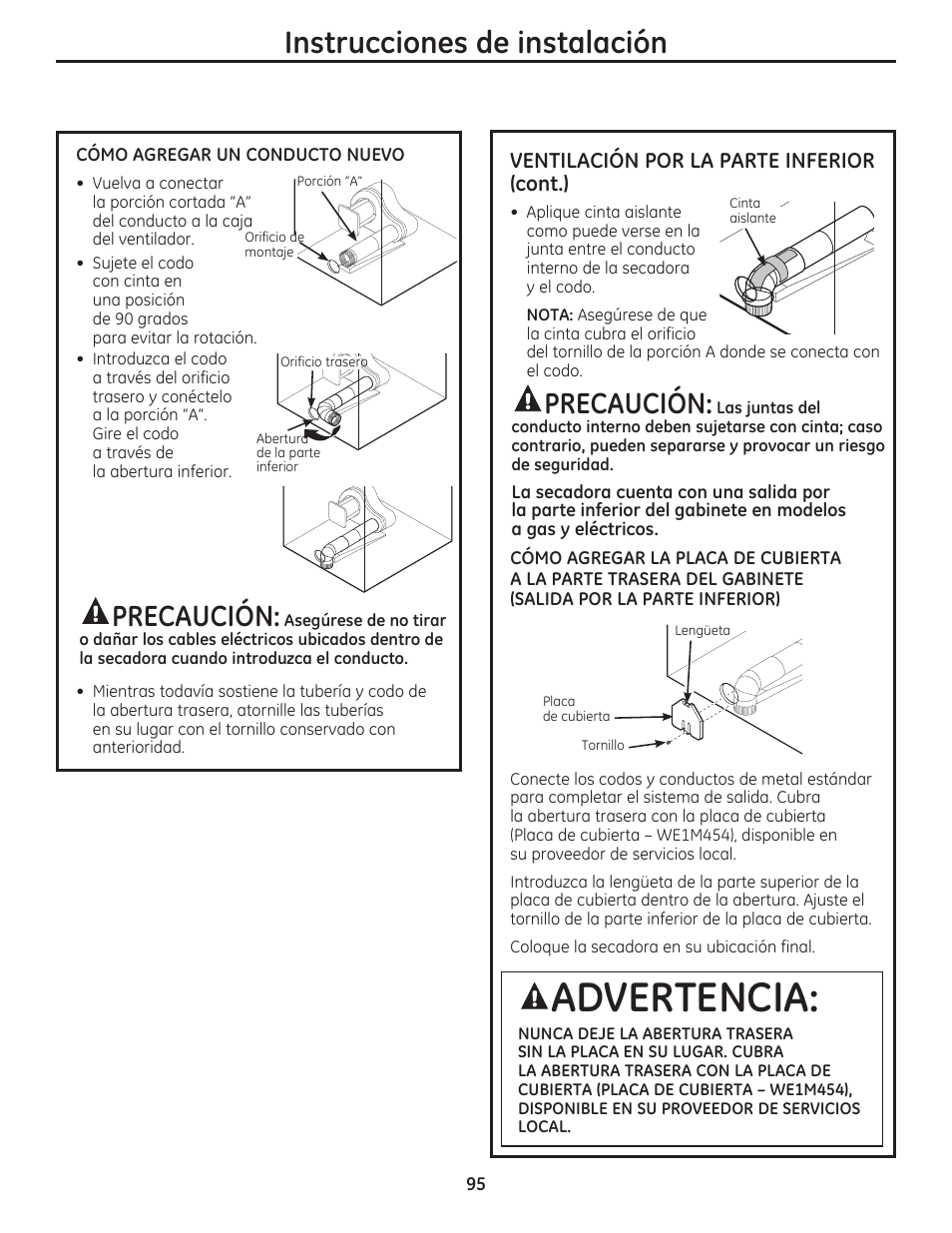 Advertencia, Instrucciones de instalación, Precaución | Ventilación por la parte inferior (cont.) | GE DCVH480EKWW User Manual | Page 95 / 108