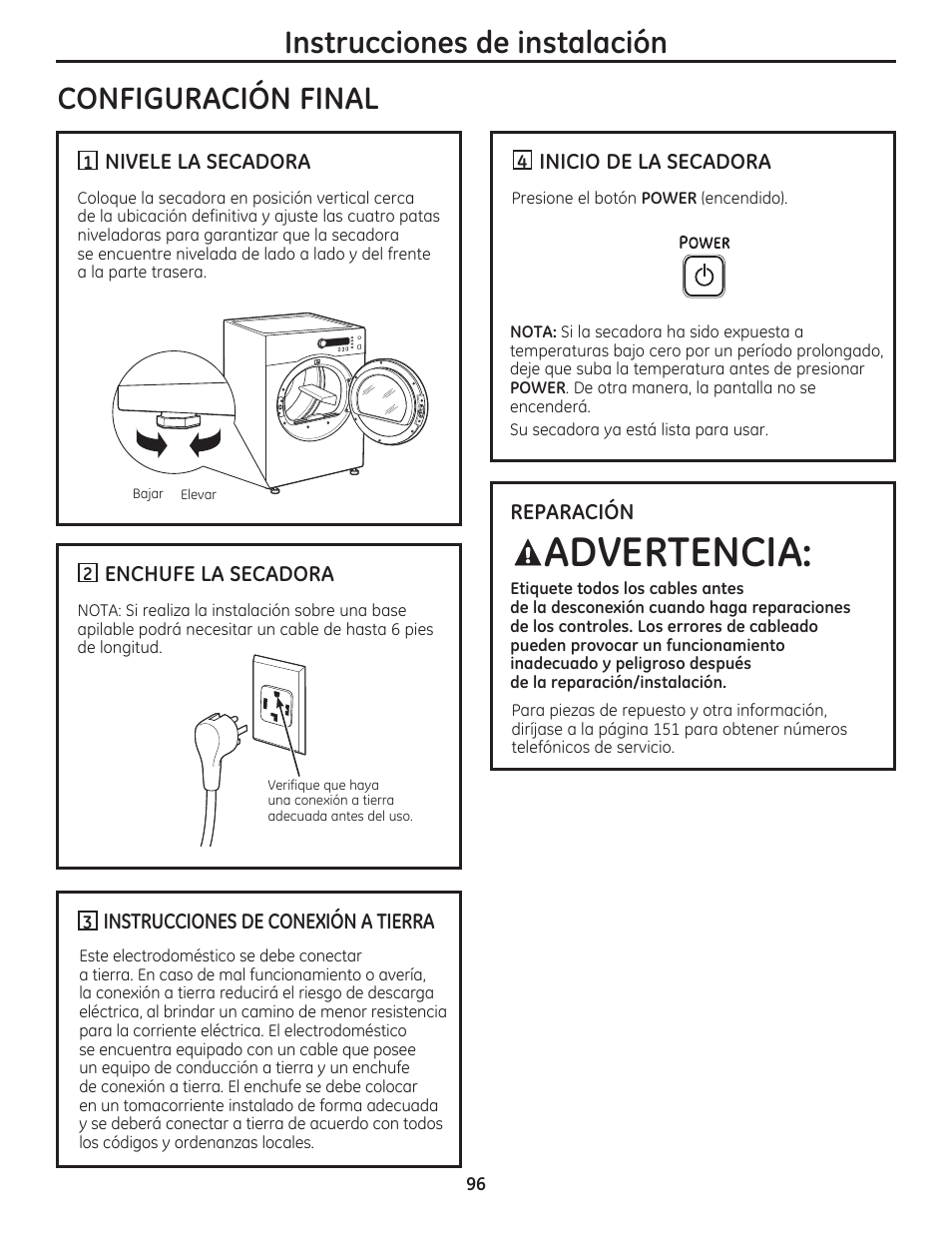 Advertencia, Instrucciones de instalación, Configuración final | GE DCVH480EKWW User Manual | Page 96 / 108