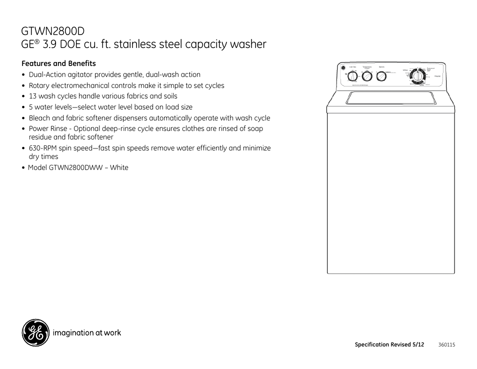 Gtwn2800d ge, 9 doe cu. ft. stainless steel capacity washer | GE GTWN2800DWW User Manual | Page 2 / 2