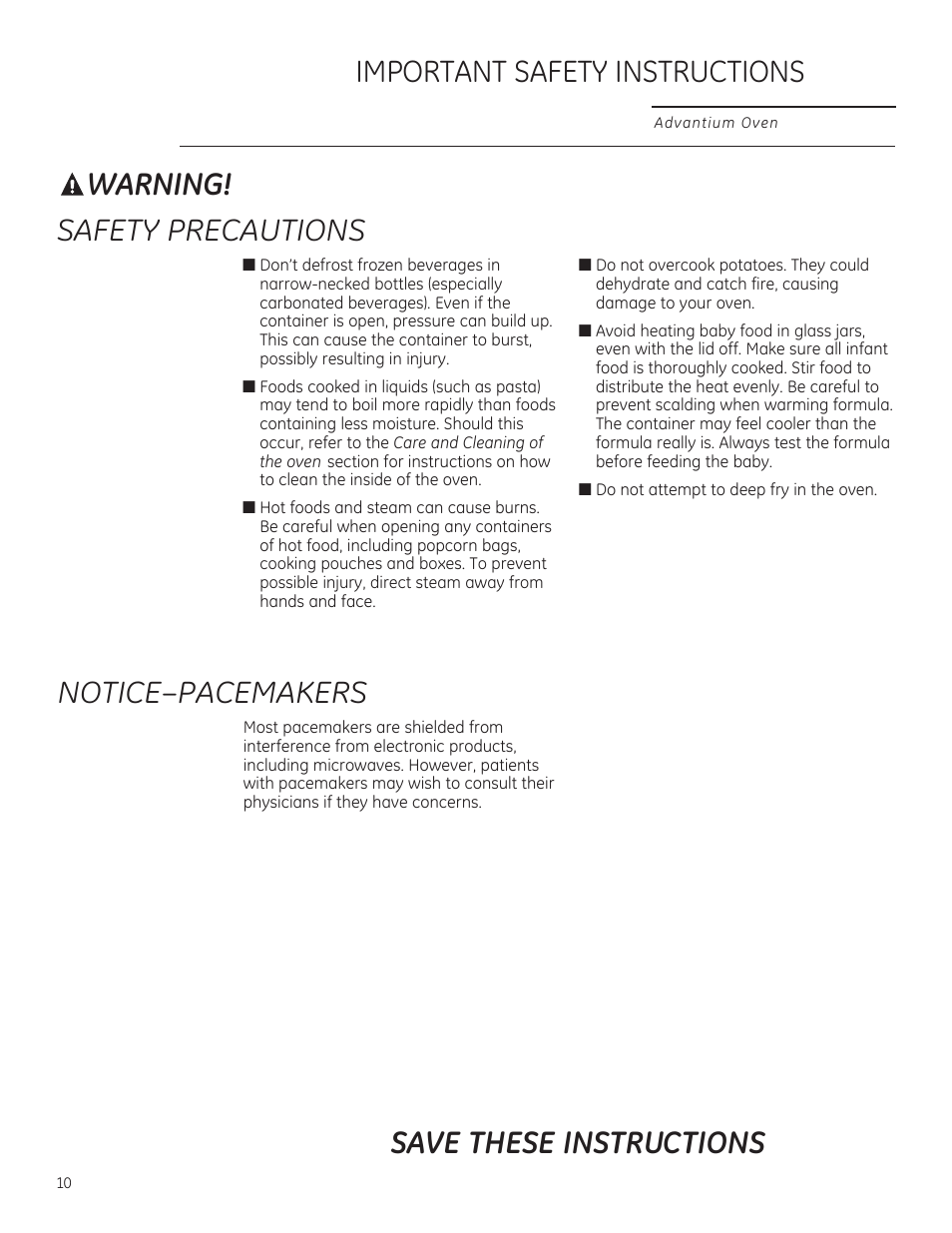 Warning, Safety precautions save these instructions, Important safety instructions | Notice–pacemakers | GE PSB9100DFBB User Manual | Page 10 / 76