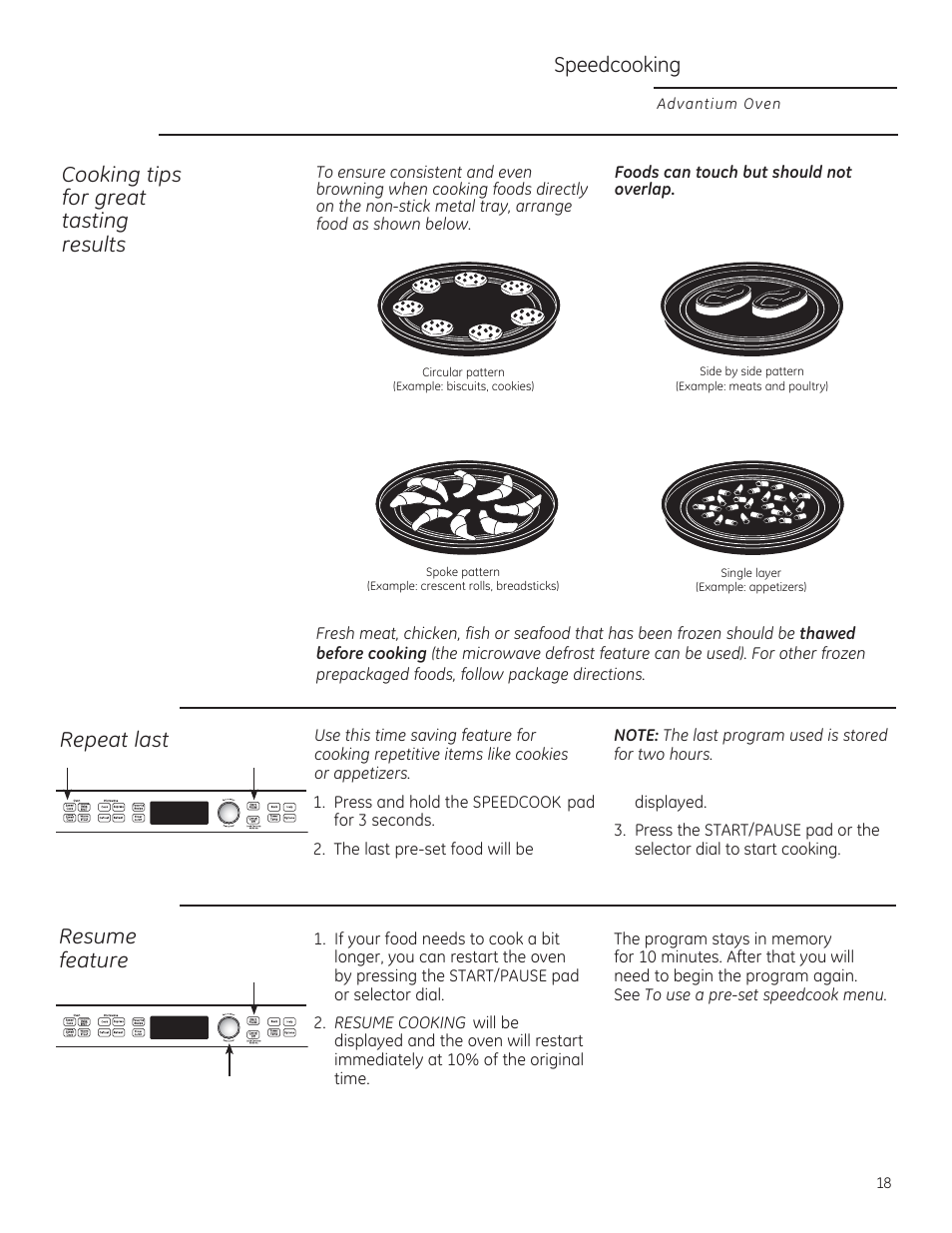 Speedcooking, Cooking tips for great tasting results, Repeat last | Resume feature | GE PSB9100DFBB User Manual | Page 18 / 76