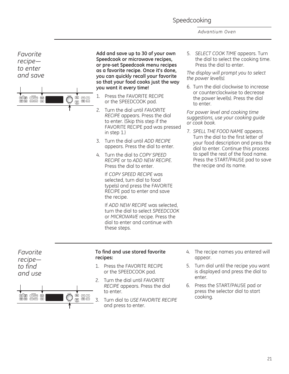 Speedcooking, Favorite uhflsh³ to enter and save, Favorite uhflsh³ to find and use | GE PSB9100DFBB User Manual | Page 21 / 76