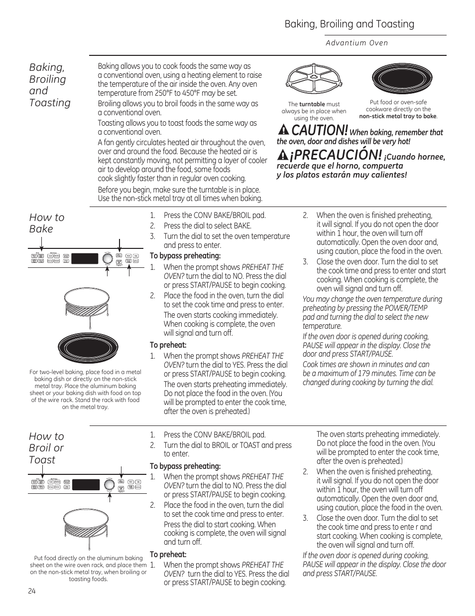 Caution, Precaución, Bakin g, broiling and toasting | GE PSB9100DFBB User Manual | Page 24 / 76
