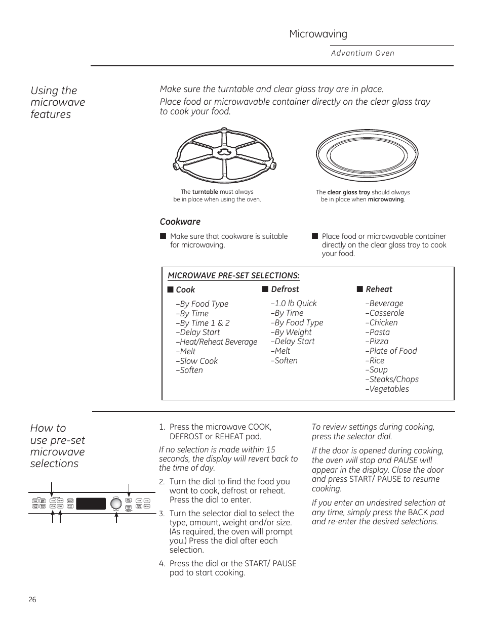 Microwaving, Using the microwave features, How to use pre-set microwave selections | GE PSB9100DFBB User Manual | Page 26 / 76