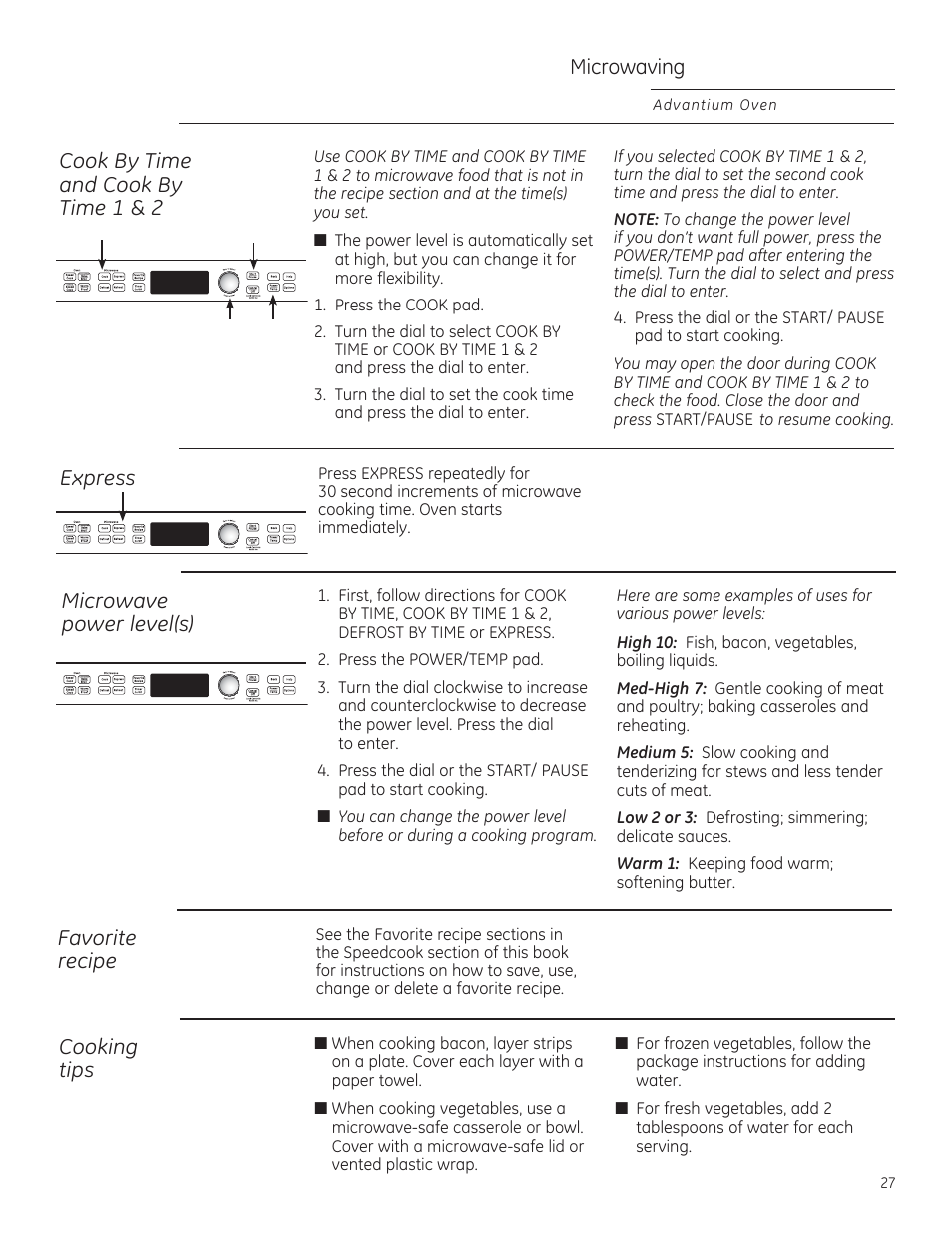 Microwaving, Cook by time and cook by time 1 & 2, Express microwave power level(s) | Cooking tips, Favorite recipe | GE PSB9100DFBB User Manual | Page 27 / 76
