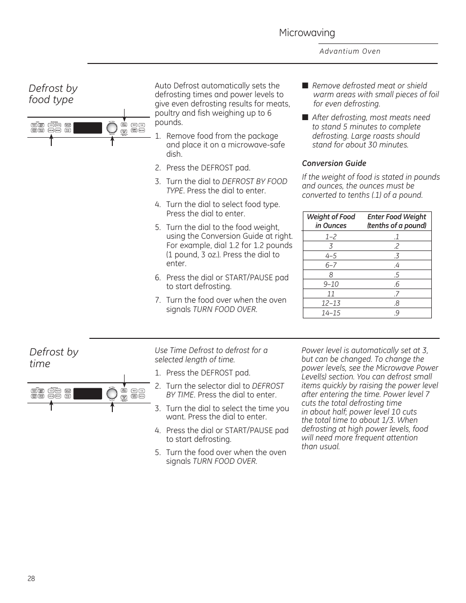 Microwaving, Defrost by food type, Defrost by time | GE PSB9100DFBB User Manual | Page 28 / 76