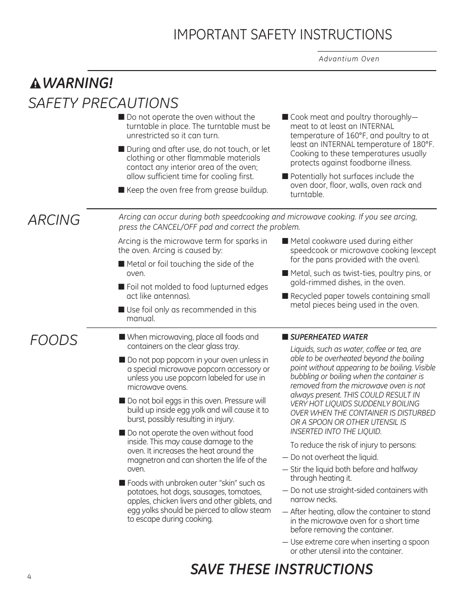 Warning, Safety precautions, Arcing | Important safety instructions, Foods save these instructions | GE PSB9100DFBB User Manual | Page 4 / 76
