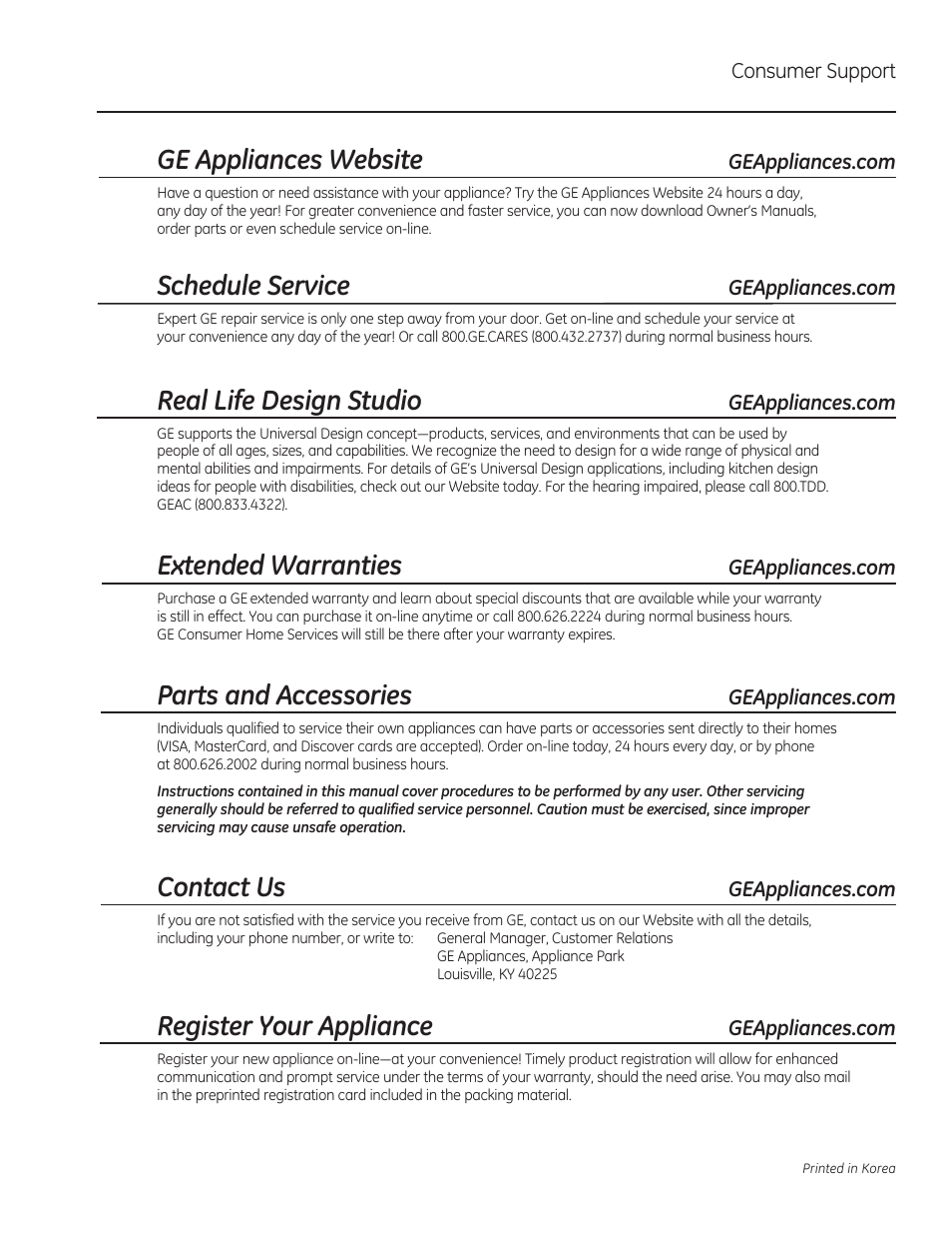 Ge appliances website, Schedule service, Real life design studio | Extended warranties, Parts and accessories, Contact us, Register your appliance | GE PSB9100DFBB User Manual | Page 40 / 76