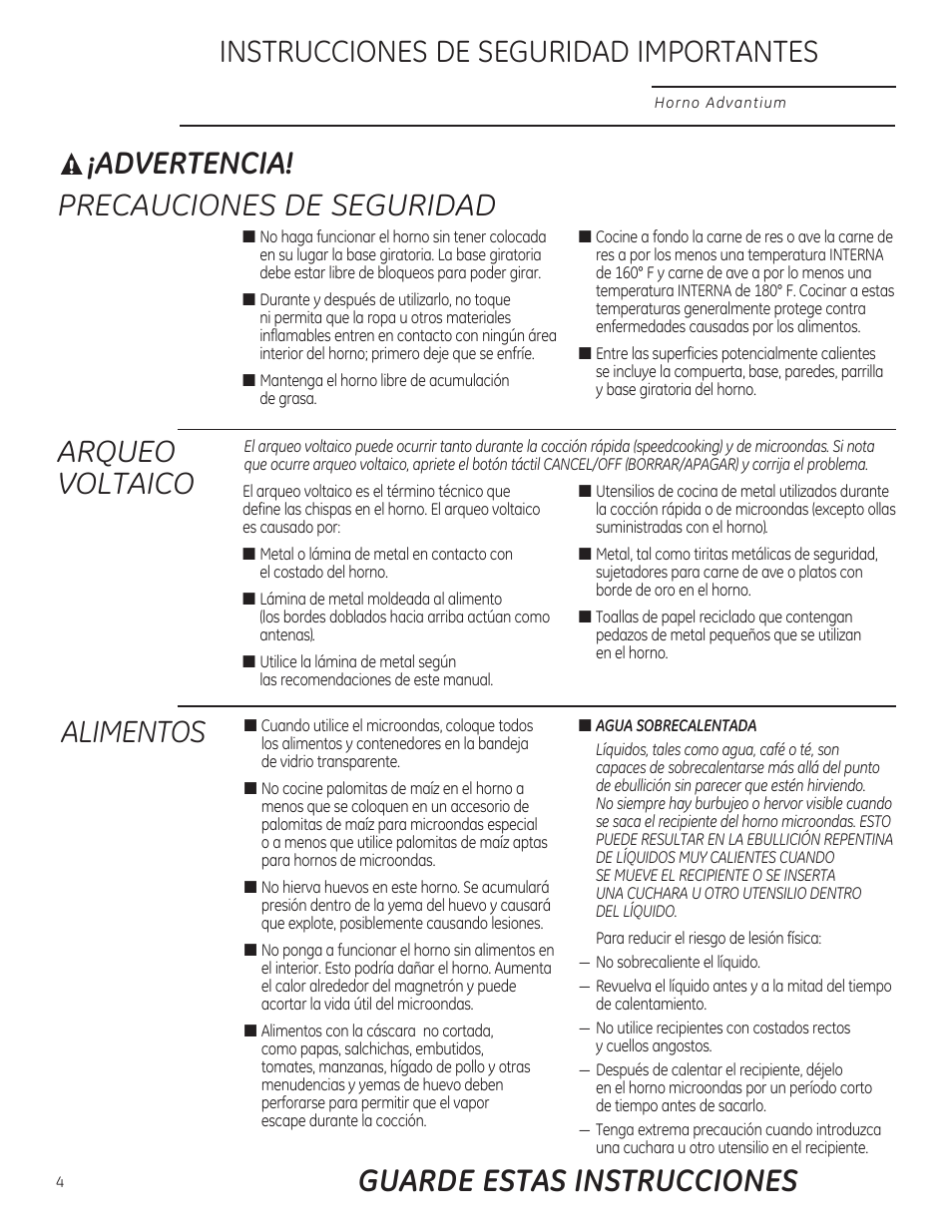 Advertencia, Precauciones de seguridad, Arqueo voltaico | Instrucciones de seguridad importantes, Alimentos guarde estas instrucciones | GE PSB9100DFBB User Manual | Page 44 / 76