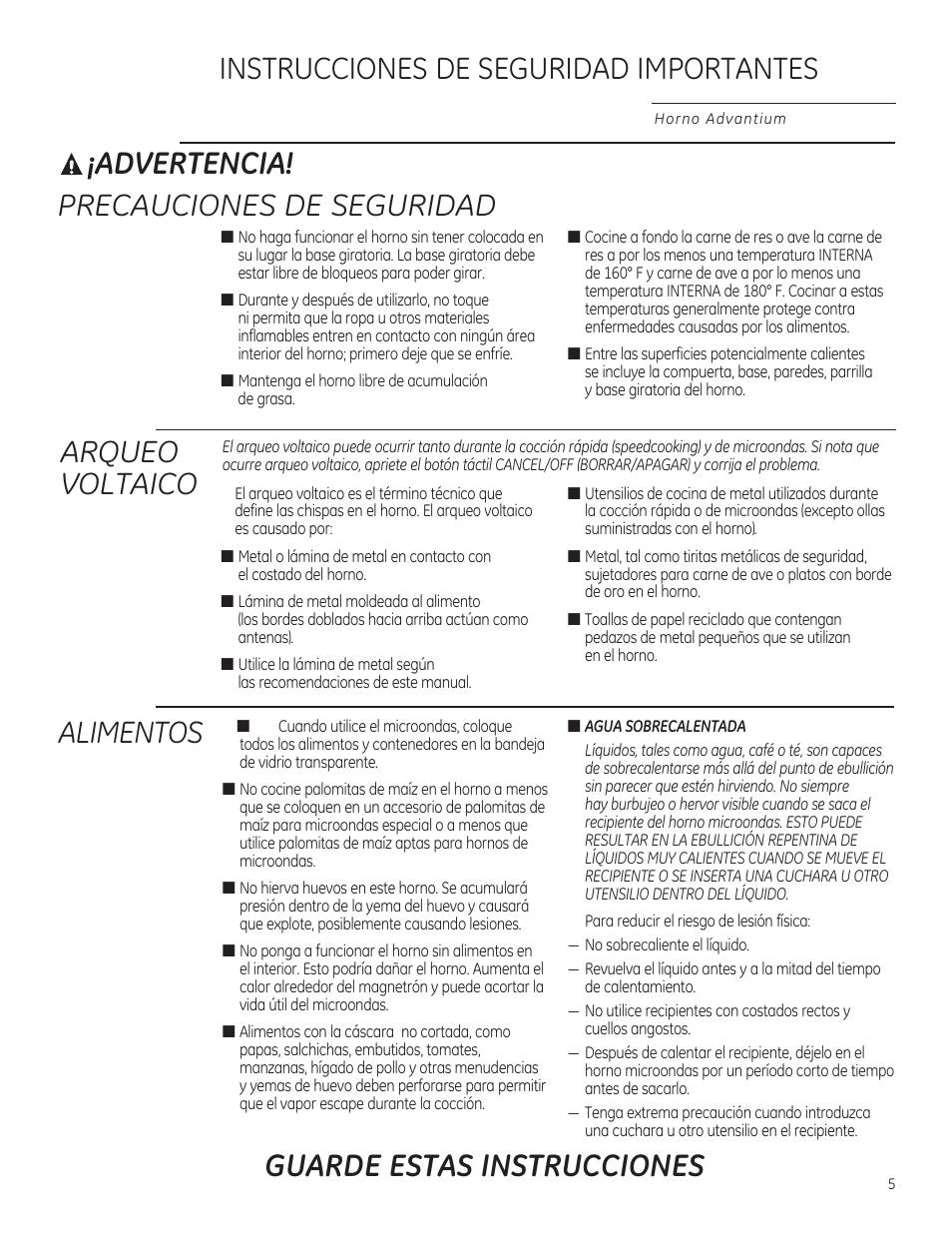 Advertencia, Precauciones de seguridad, Arqueo voltaico | Instrucciones de seguridad importantes, Alimentos guarde estas instrucciones | GE PSB9100DFBB User Manual | Page 5 / 76