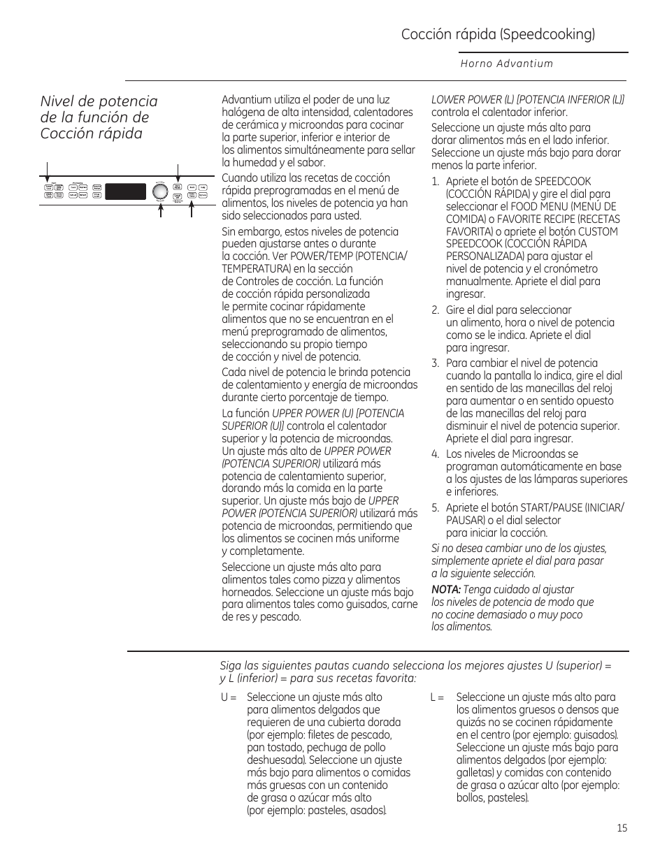 Cocción rápida (speedcooking), Nivel de potencia de la función de cocción rápida | GE PSB9100DFBB User Manual | Page 55 / 76