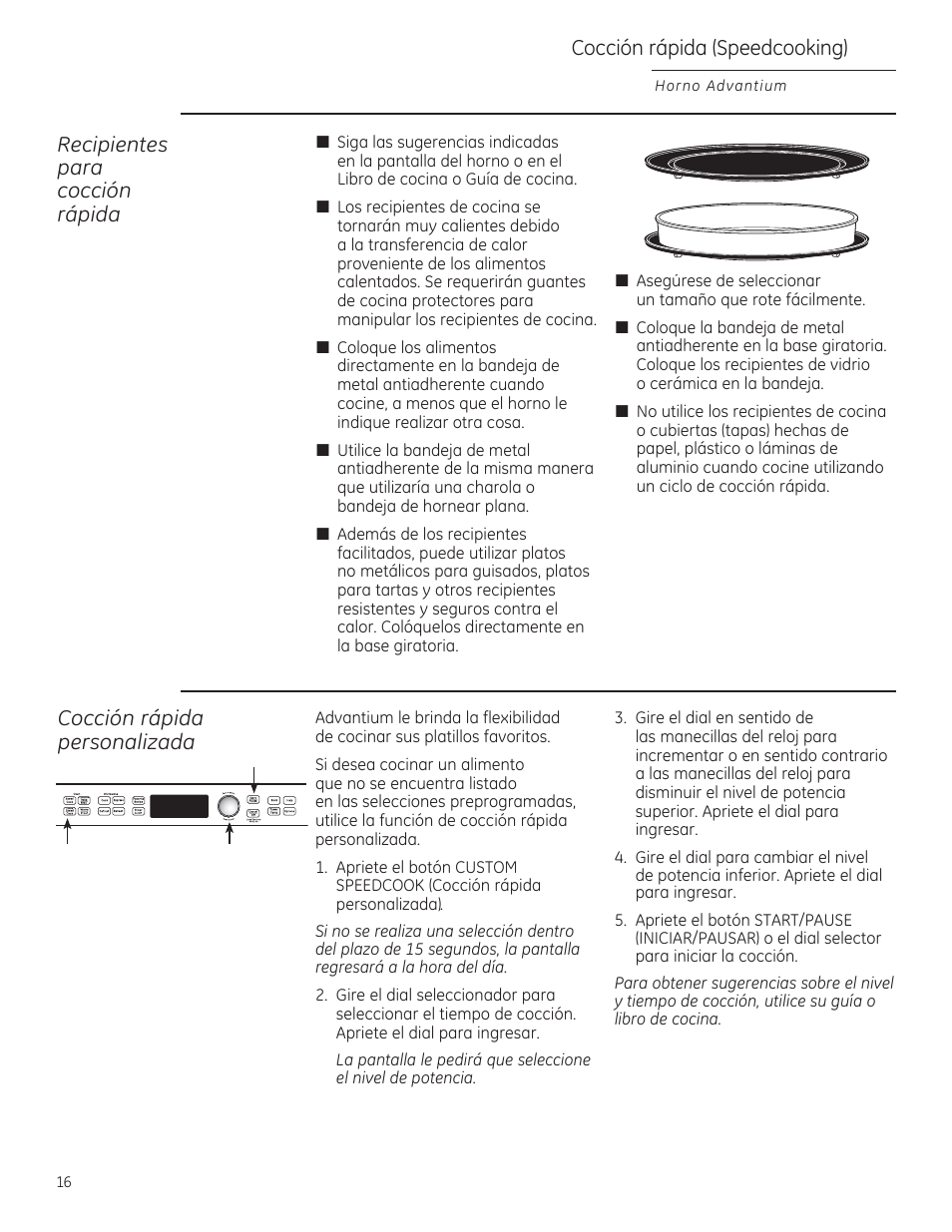 Cocción rápida (speedcooking), Cocción rápida personalizada, Recipientes para cocción rápida | GE PSB9100DFBB User Manual | Page 56 / 76