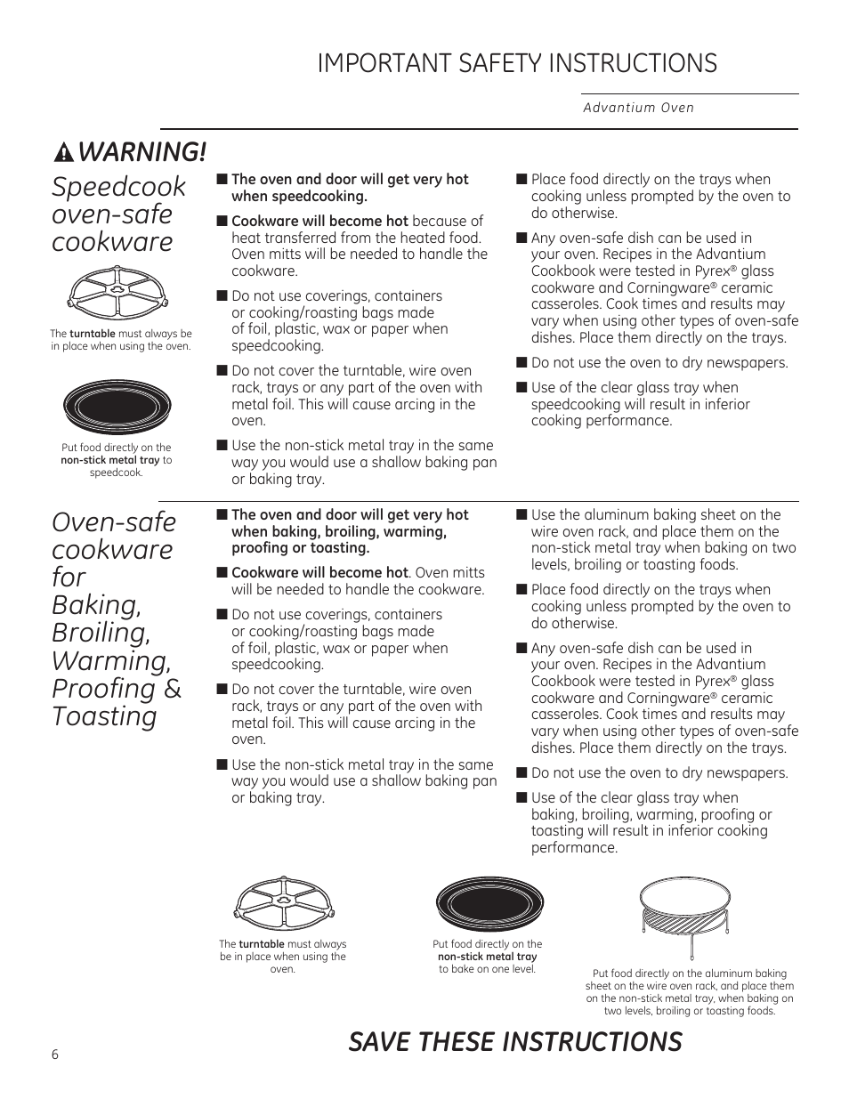 Warning, Speedcook oven-safe cookware, Important safety instructions | Save these instructions | GE PSB9100DFBB User Manual | Page 6 / 76