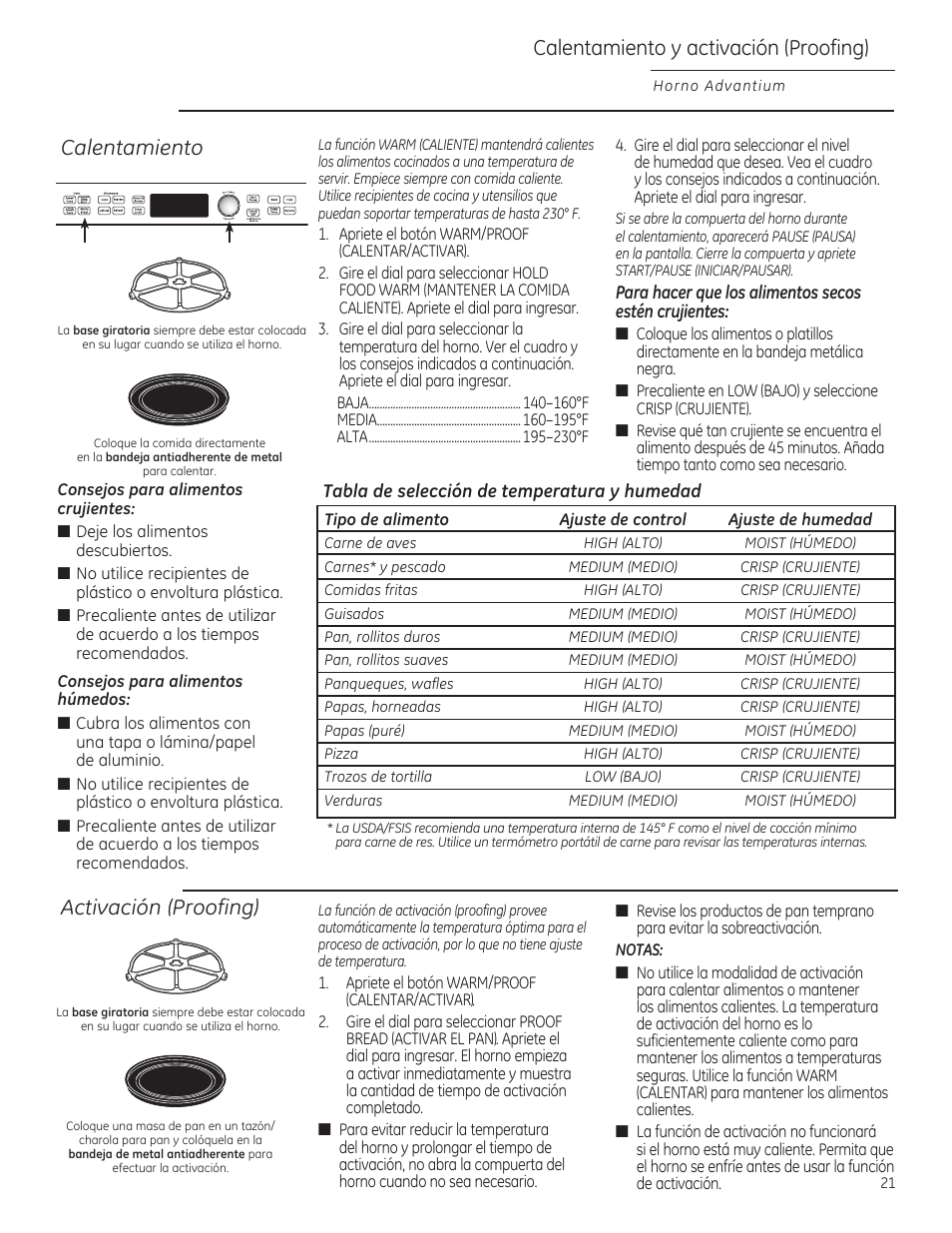 Calentamiento y activación (proofing), Calentamiento, Activación (proofing) | GE PSB9100DFBB User Manual | Page 61 / 76