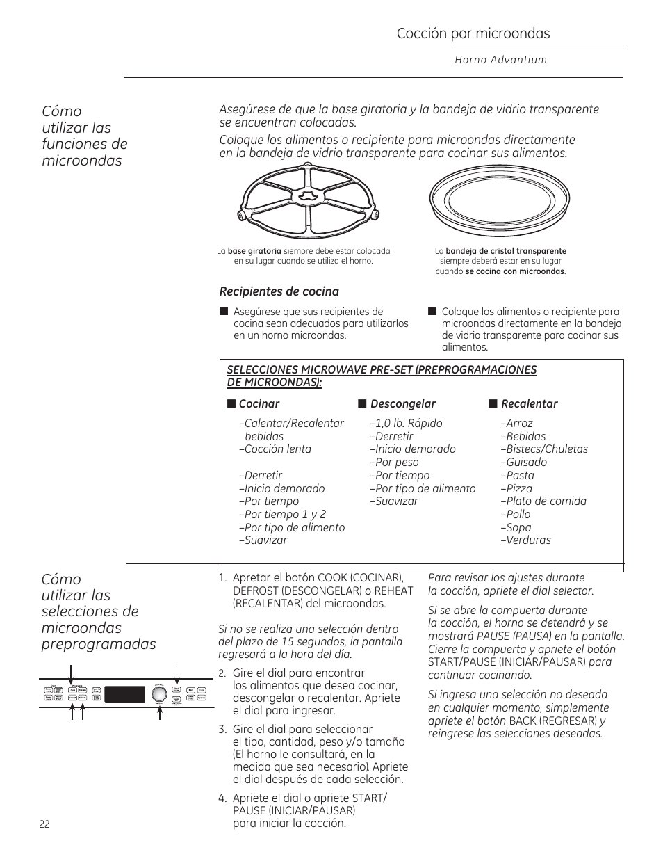 Cocción por microondas, Cómo utilizar las funciones de microondas | GE PSB9100DFBB User Manual | Page 62 / 76