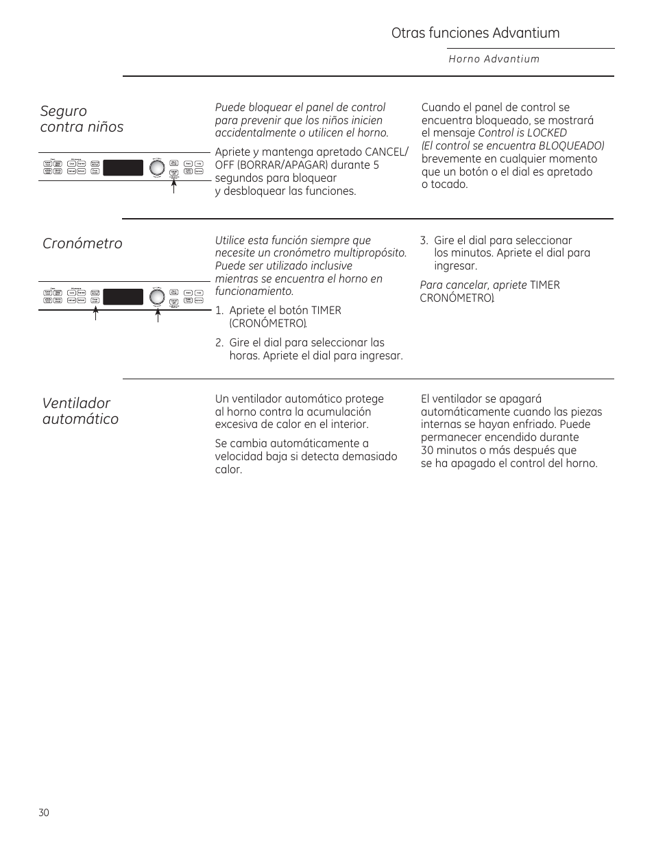 Otras funciones advantium, Cronómetro, Ventilador automático | Seguro contra niños | GE PSB9100DFBB User Manual | Page 70 / 76