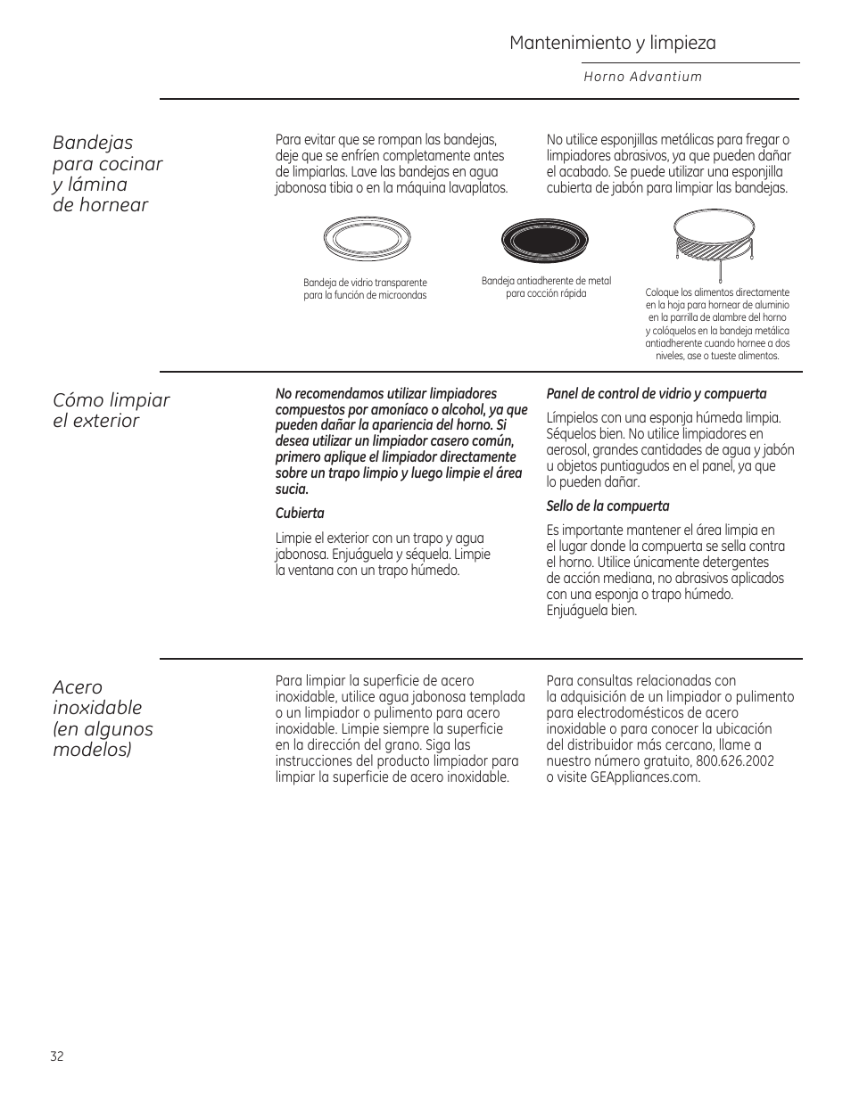 Mantenimiento y limpieza, Bandejas para cocinar y lámina de hornear, Cómo limpiar el exterior | Acero inoxidable (en algunos modelos) | GE PSB9100DFBB User Manual | Page 72 / 76