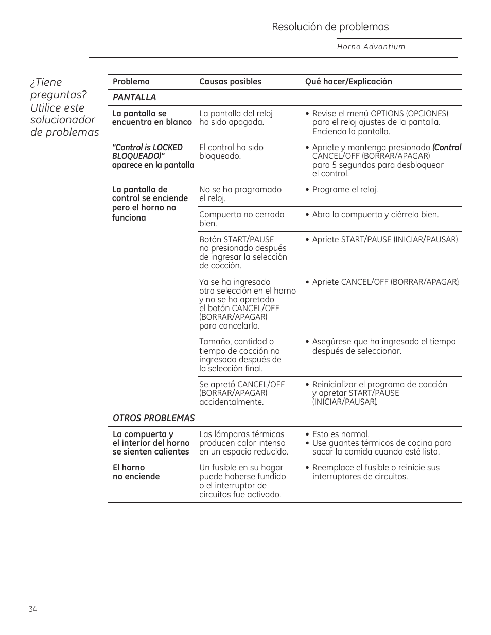 Resolución de problemas | GE PSB9100DFBB User Manual | Page 74 / 76