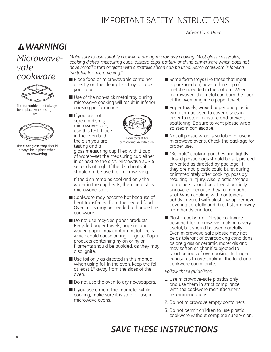 Warning, Microwave- safe cookware, Important safety instructions | Save these instructions | GE PSB9100DFBB User Manual | Page 8 / 76