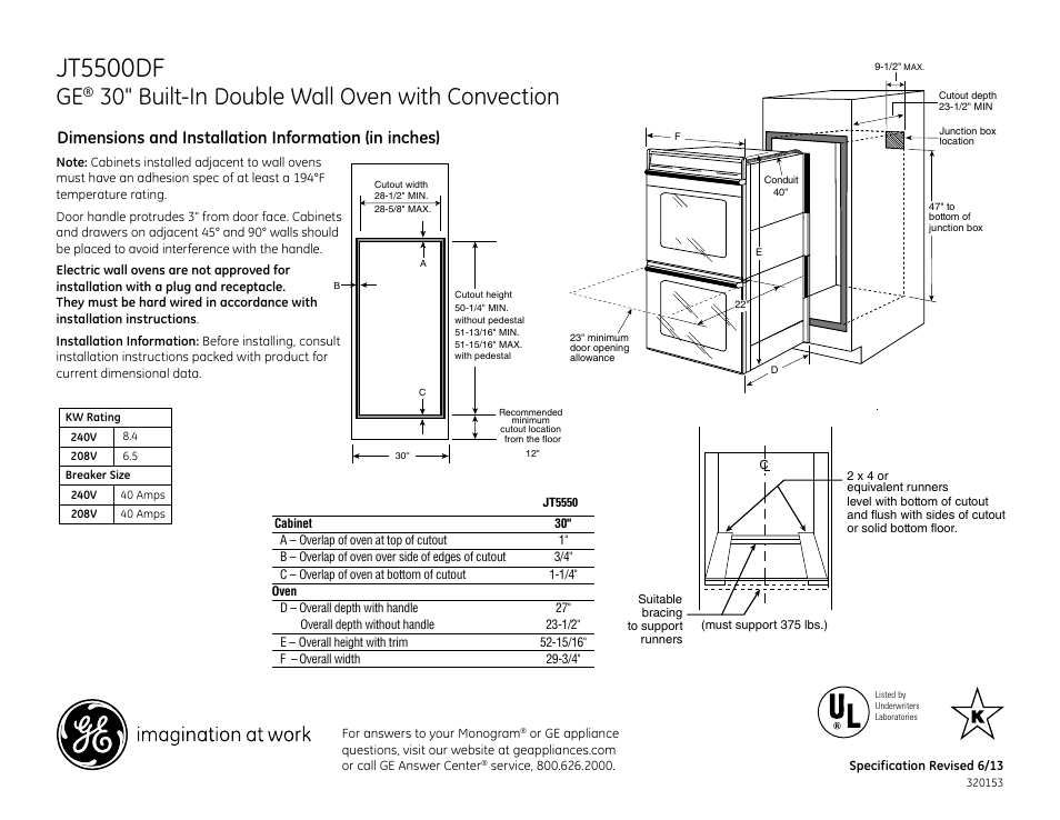 GE JT5500DFBB User Manual | 2 pages