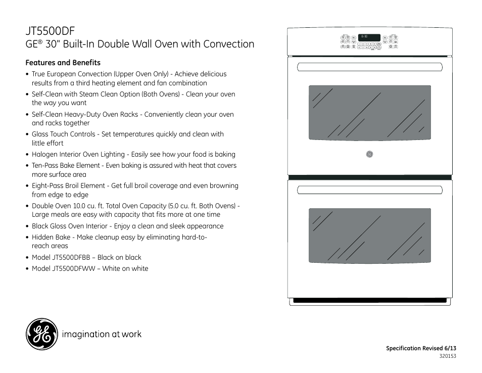 Jt5500df, 30" built-in double wall oven with convection, Jt5500dfww/bb | GE JT5500DFBB User Manual | Page 2 / 2